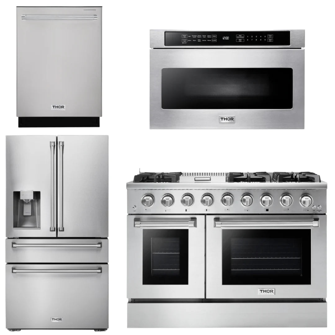 48 Propane Gas Range, Refrigerator with Water and Ice Dispenser, Dishwasher, Microwave C504