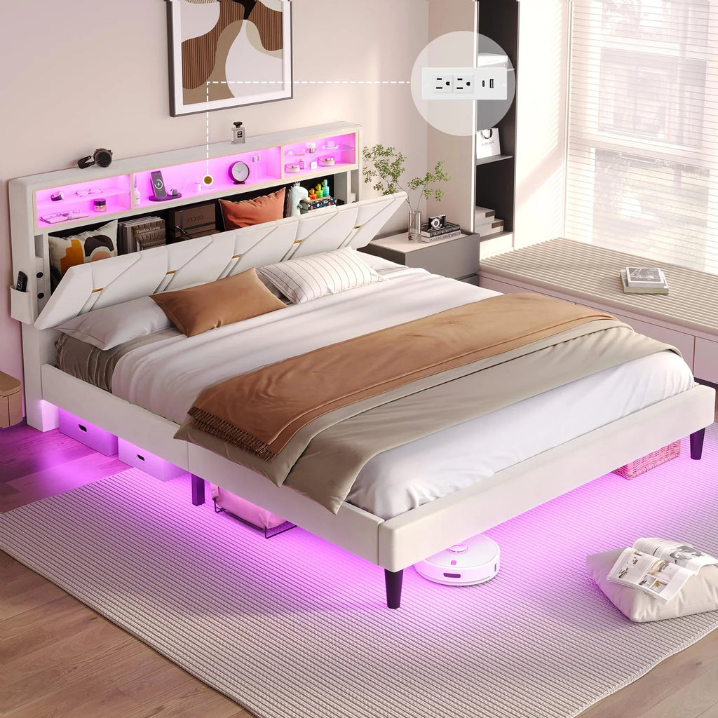 Black Full Size LED Bed Frame with Upholstered Storage Headboard X48018