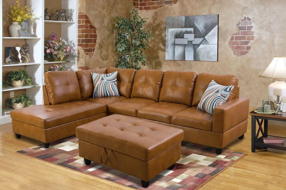 103.50" Wide Ginger Faux Leather Sectional with Ottoman Left Hand Facing E5891
