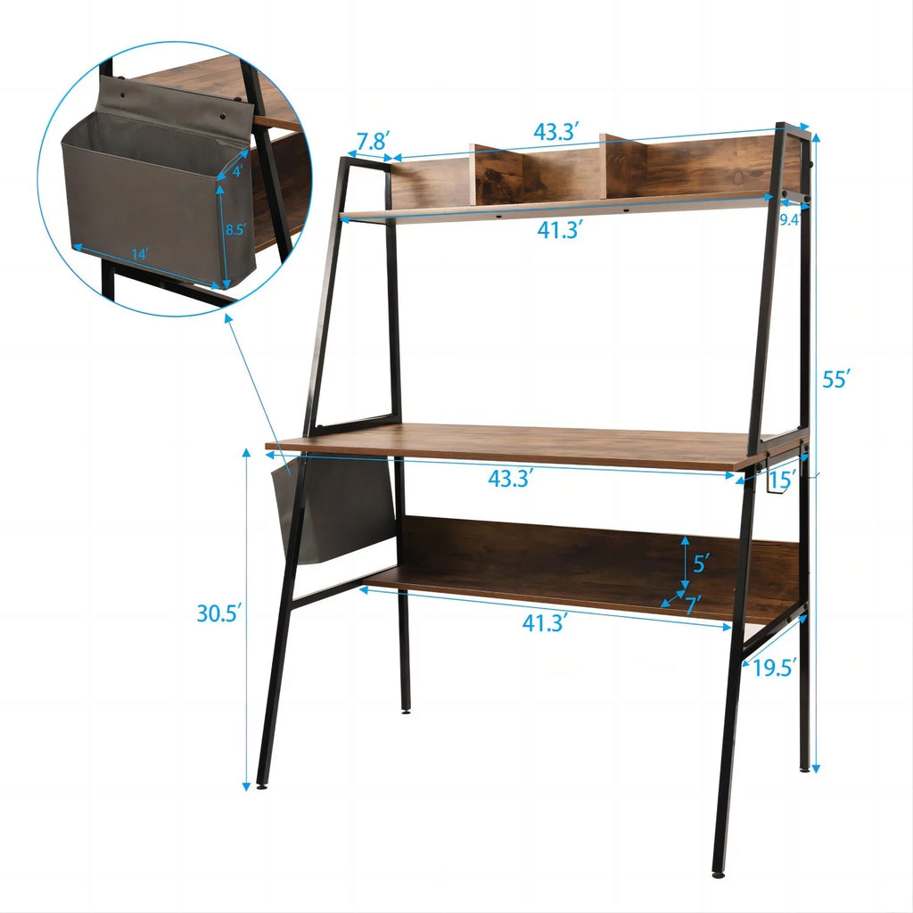 Brown Computer Desk with Hutch and Storage Shelves Q677