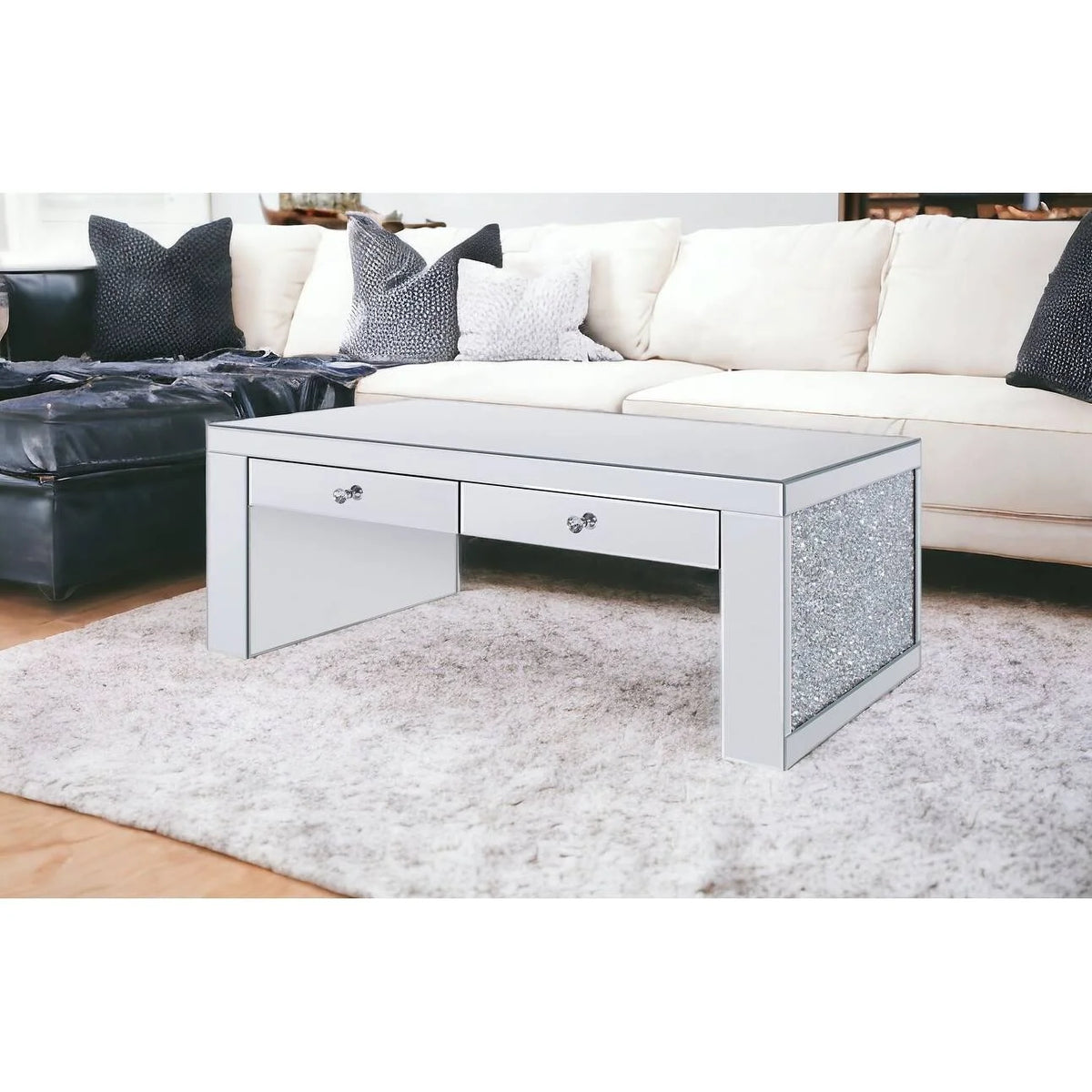 48" Silver Mirrored Coffee Table with Two Drawers B5609
