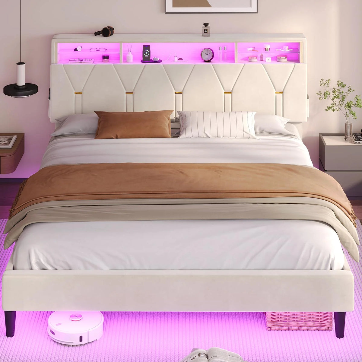Black Full Size LED Bed Frame with Upholstered Storage Headboard X48018