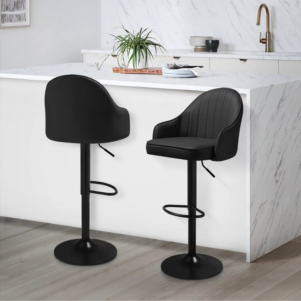Set of 2 Adjustable Height Black Faux Leather Swivel Bar Stools C9372