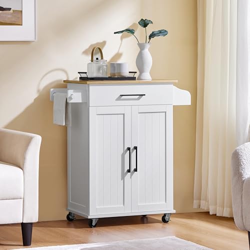 White Rolling Kitchen Cart with Bamboo Tabletop Q845