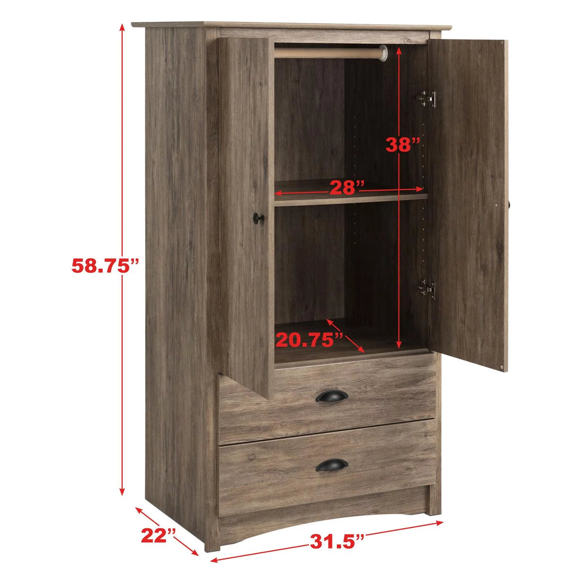 2 Door Wooden Bedroom Armoire in Drifted Gray T884