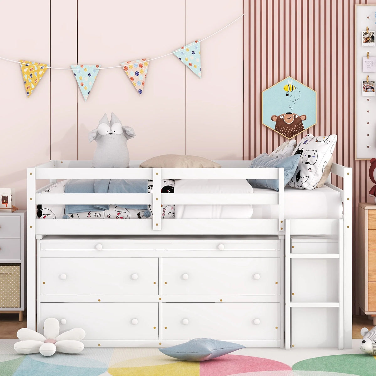Full Size White Wooden Loft Bed with Desk and 4 Drawers I1510