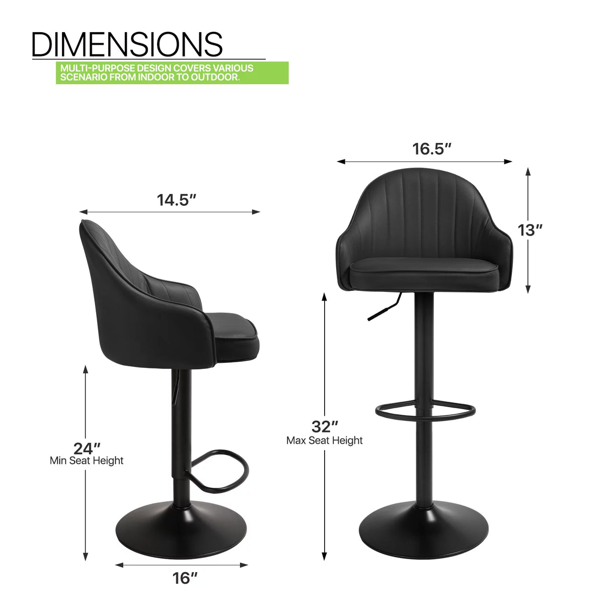 Set of 2 Adjustable Height Black Faux Leather Swivel Bar Stools C9372