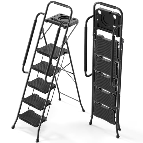 4 Step Ladder with Tool Platform, Anti-Slip, Foldable, Black O470