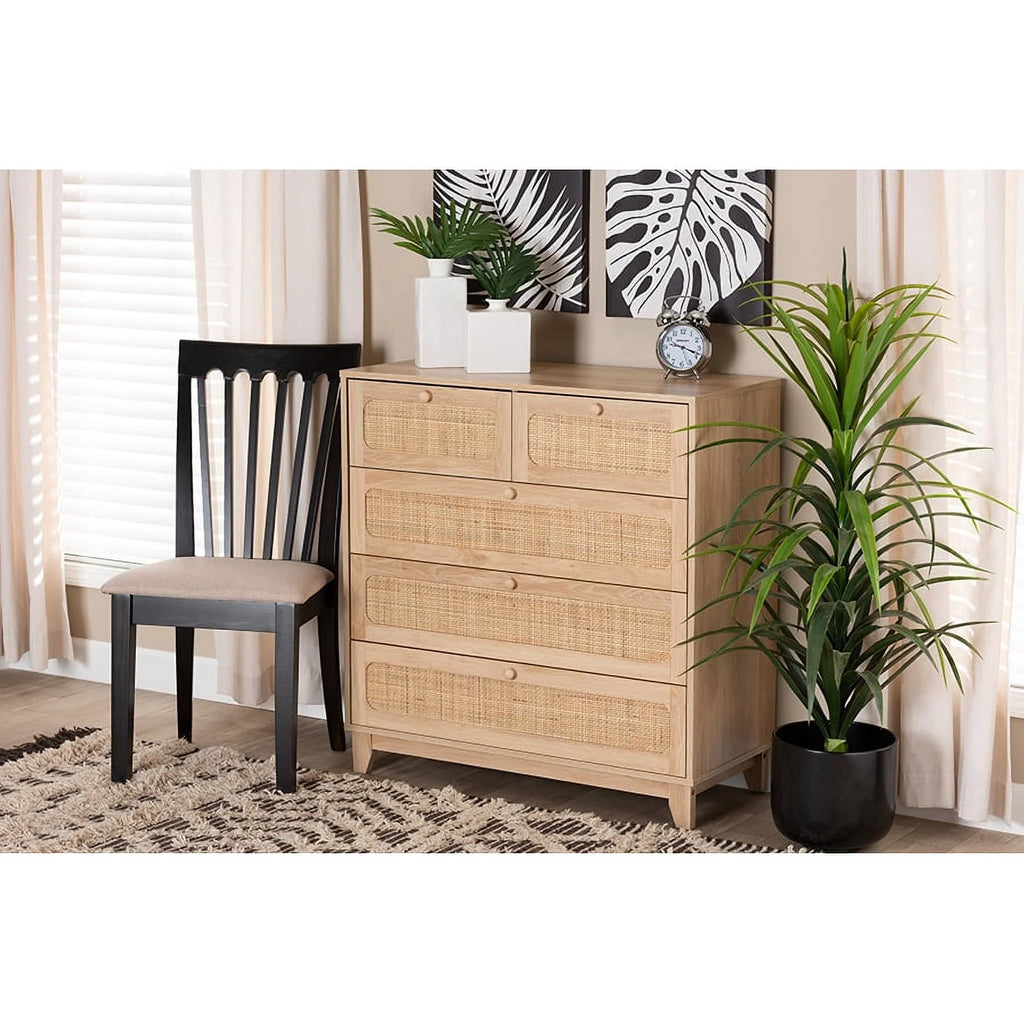 Oak Brown Wood and Natural Rattan 5-Drawer Storage Cabinet J216890