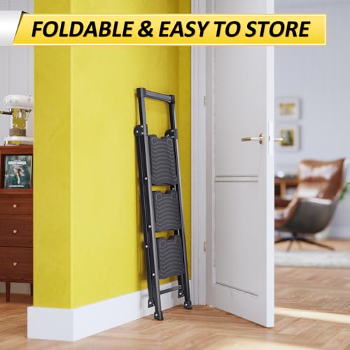4 Step Ladder with Tool Platform, Anti-Slip, Foldable, Black O470