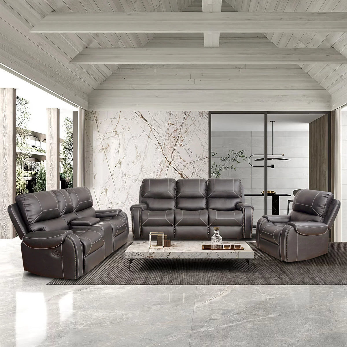 3-Seater Reclining Faux Leather Sofa with Drop-Down Table and Cup Holders F812