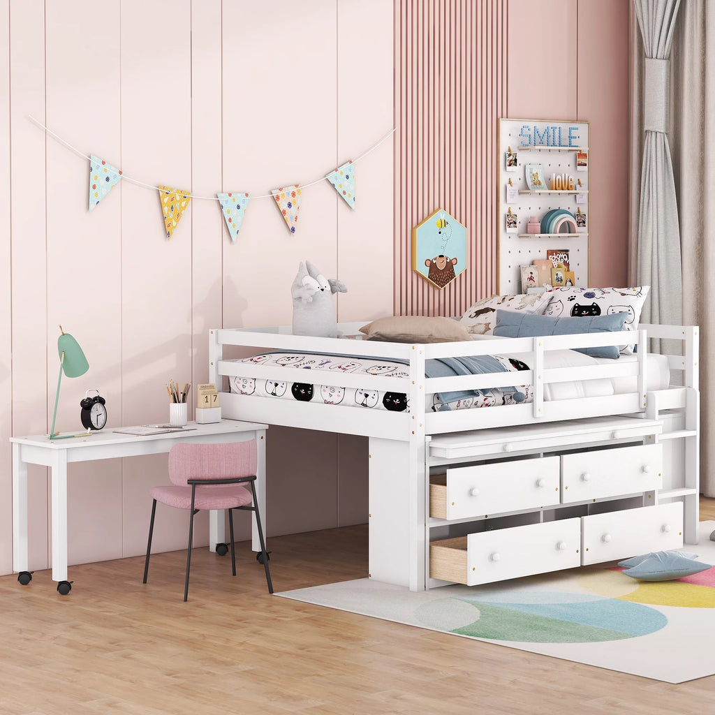 Full Size White Wooden Loft Bed with Desk and 4 Drawers I1510