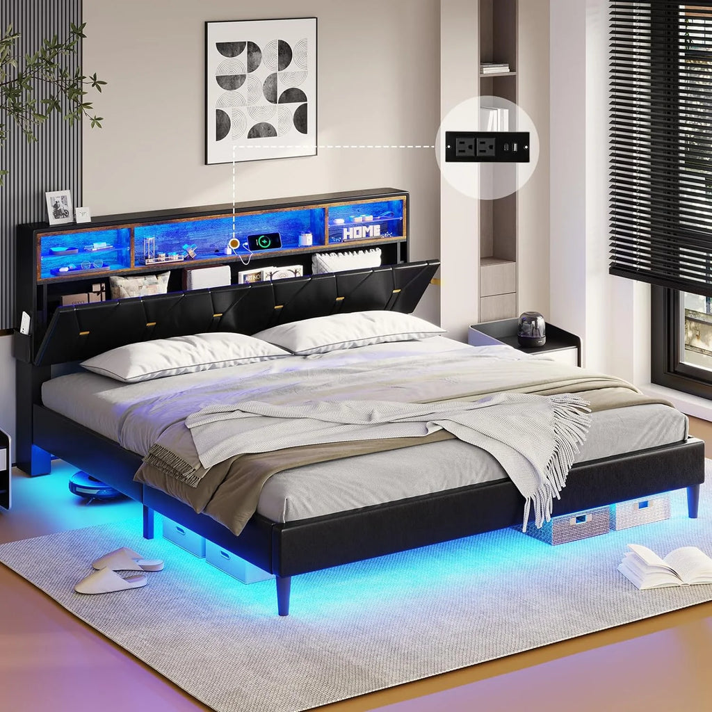 Black Full Size LED Bed Frame with Upholstered Storage Headboard X48018