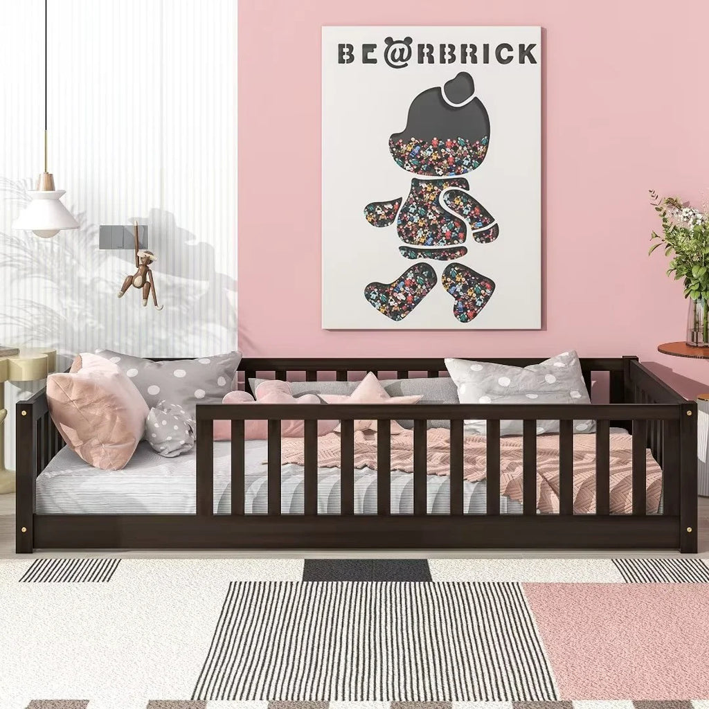 White Full Size Floor Bed with Fence Guardrails and Roof I933509
