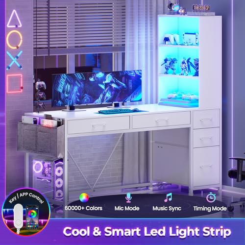 White Computer Desk with 5 Drawers and Bookshelf T11606