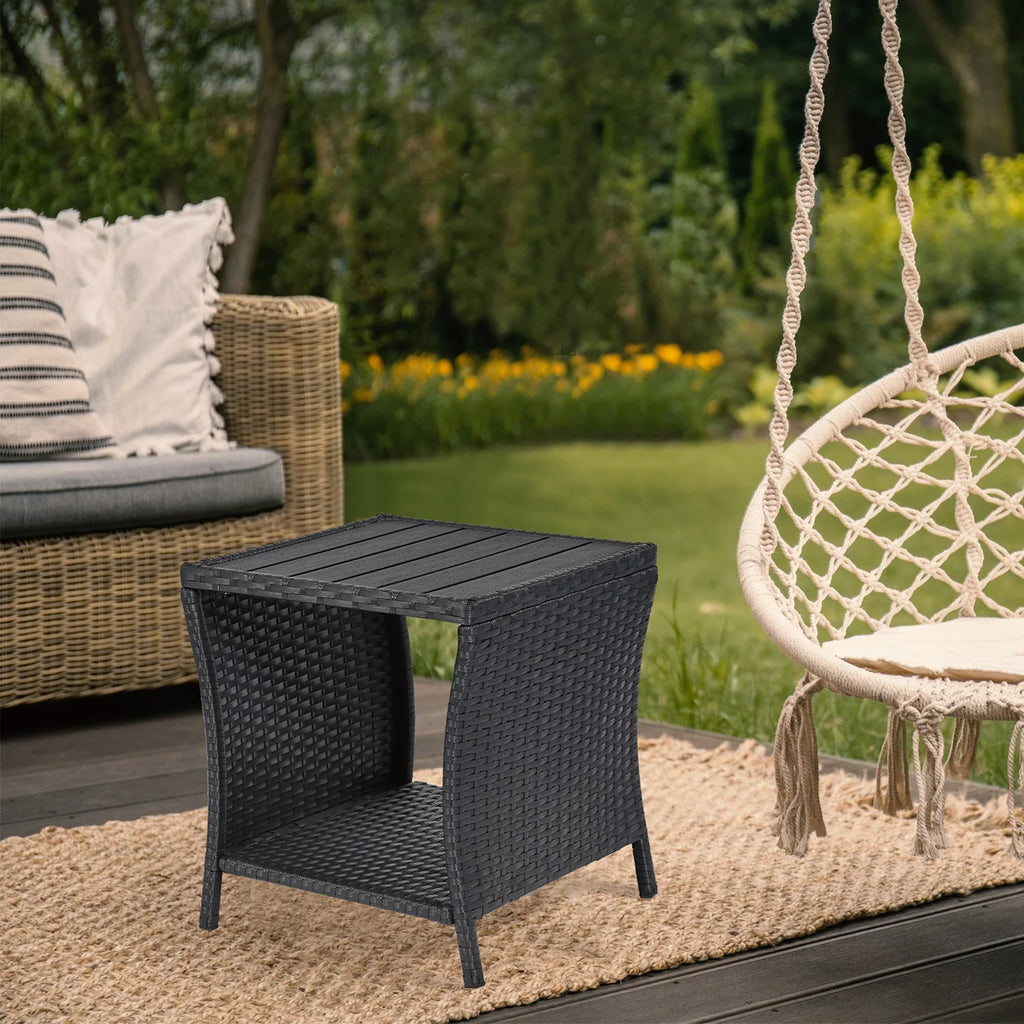 Black Wicker Rattan Outdoor Side Table with Storage Q63646