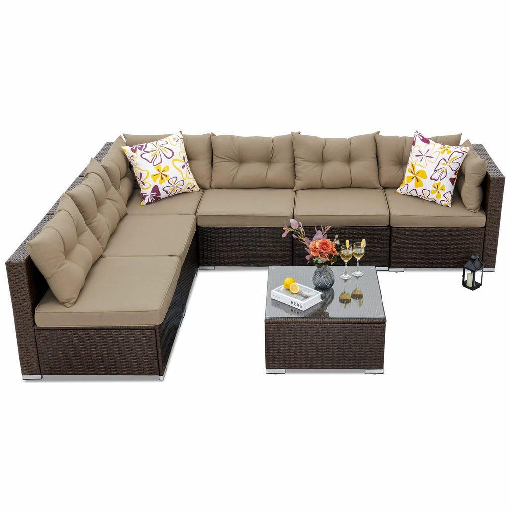 7-Piece Brown PE Rattan Patio Conversation Set D4832