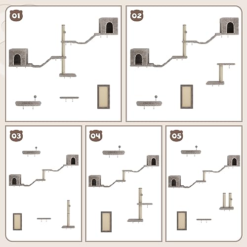 8-in-1 Cat Wall Furniture Set with Tree, Perch, Scratching Post and Bridge B93119