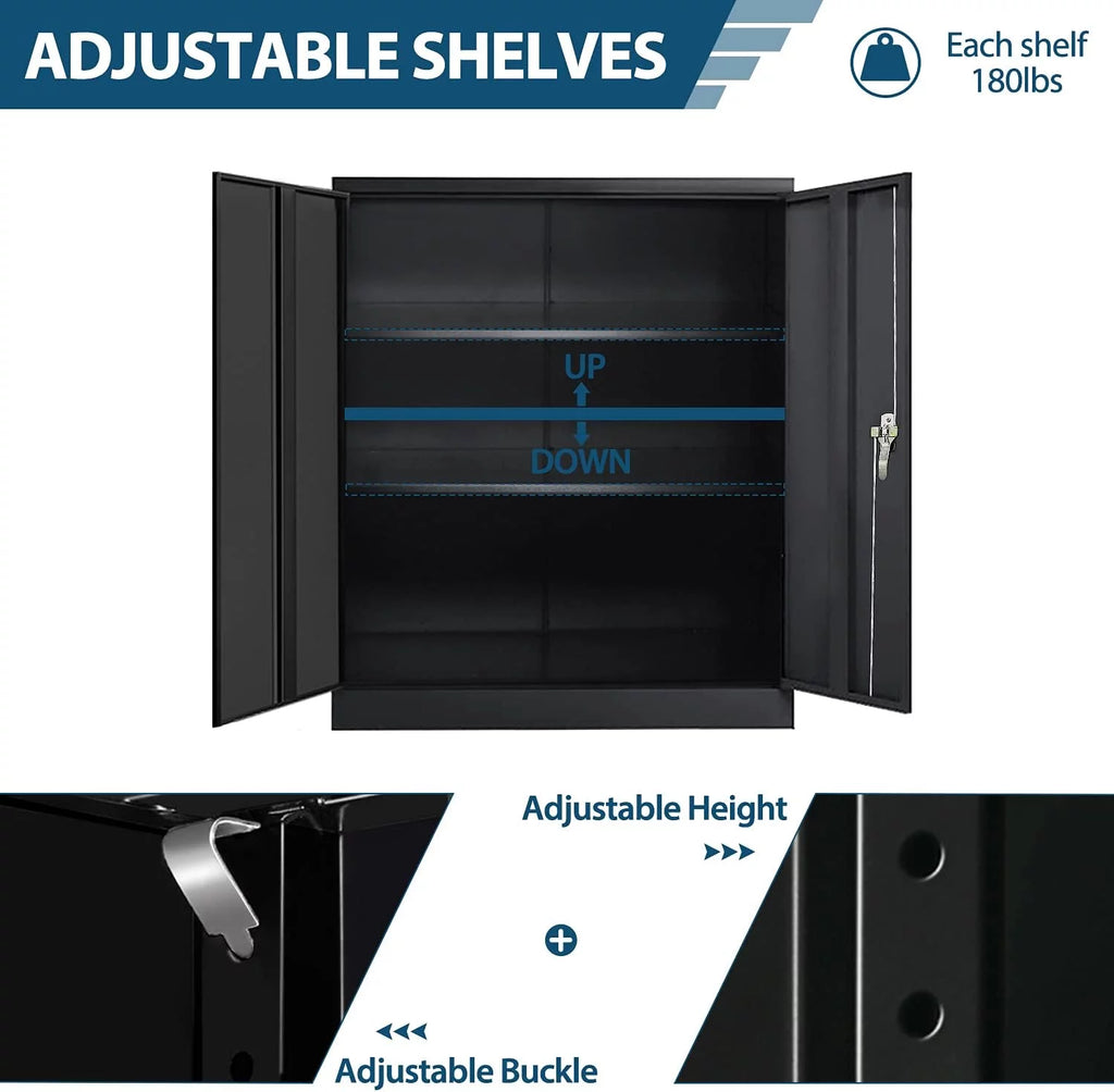 42 In Black Metal Storage Cabinet with Locking Doors and 2 Adjustable Shelves A600