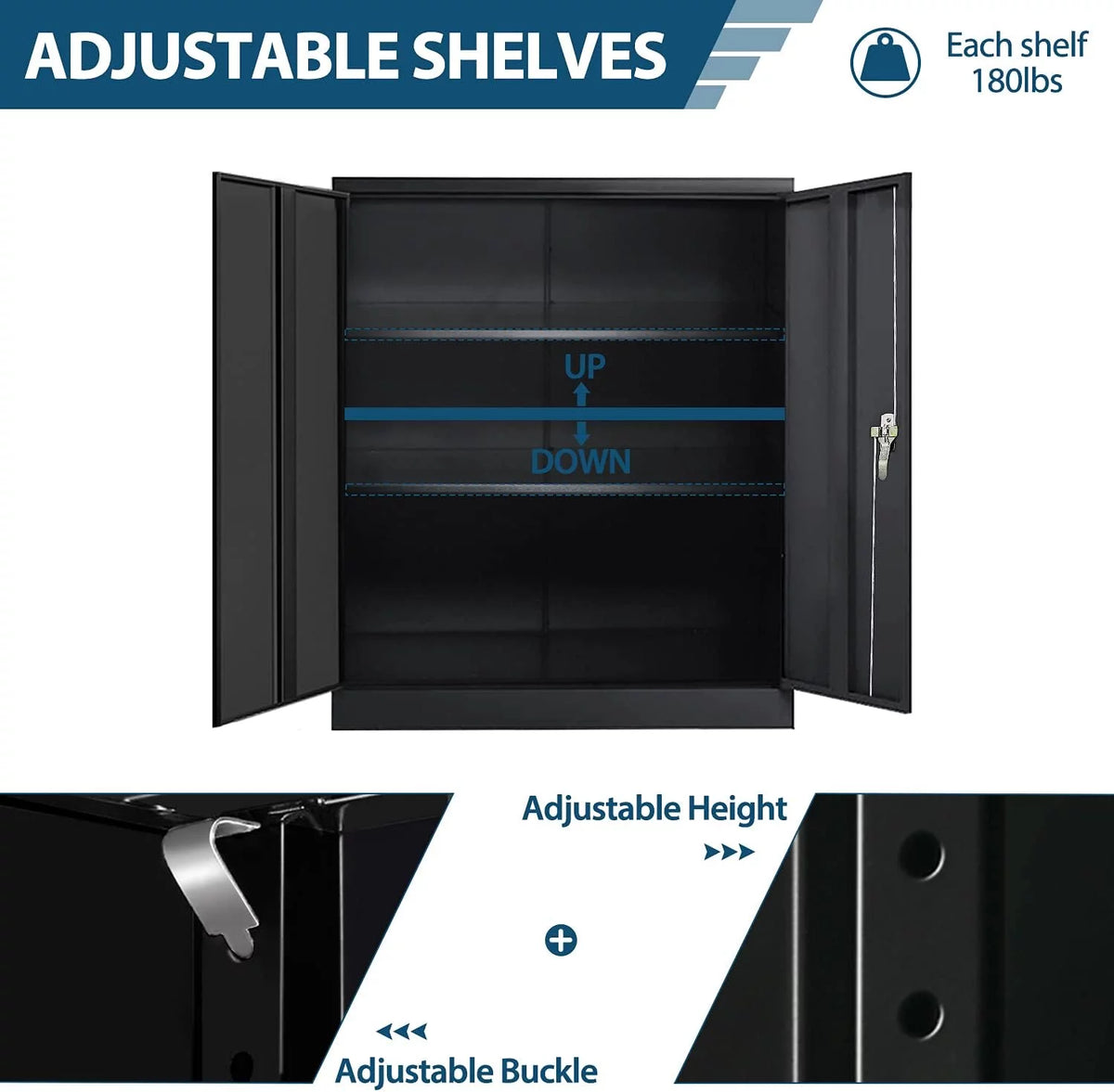 42 In Black Metal Storage Cabinet with Locking Doors and 2 Adjustable Shelves A600